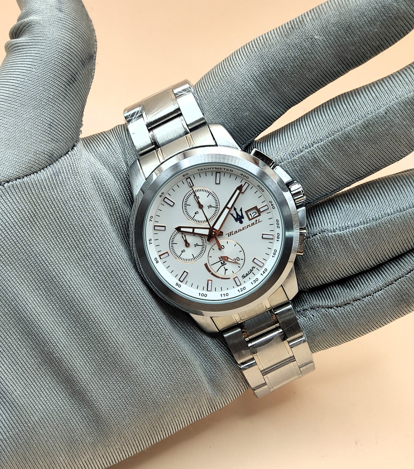 Luxury Maserati Tachymeter Chronograph White Dial Refurbished Men’s Wrist Watch