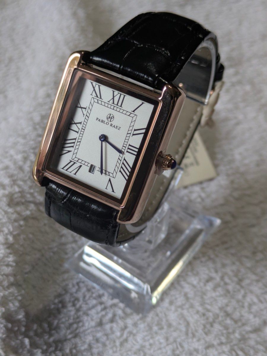 PABLO RAEZ New Rectangular Tank Date Homage Watch Blue Hands Rose Gold x Black L