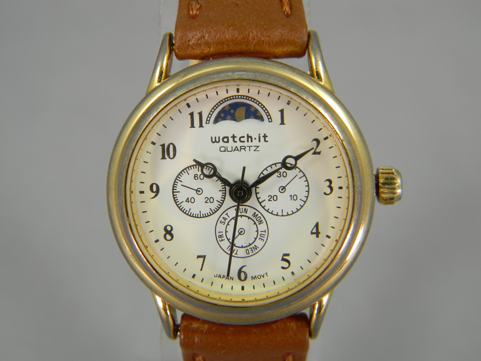 Watch-it Moon Phase Watch by Nelsonic Women 24mm Gold Tone New Band New Battery