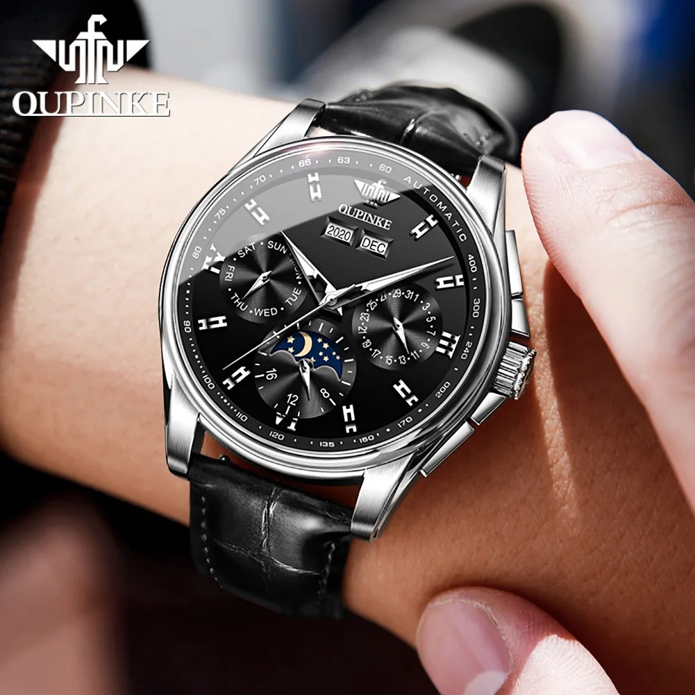 Automatic Mechanical Watch Men’s Waterproof Moon Phase Luxury Dial Men Strap