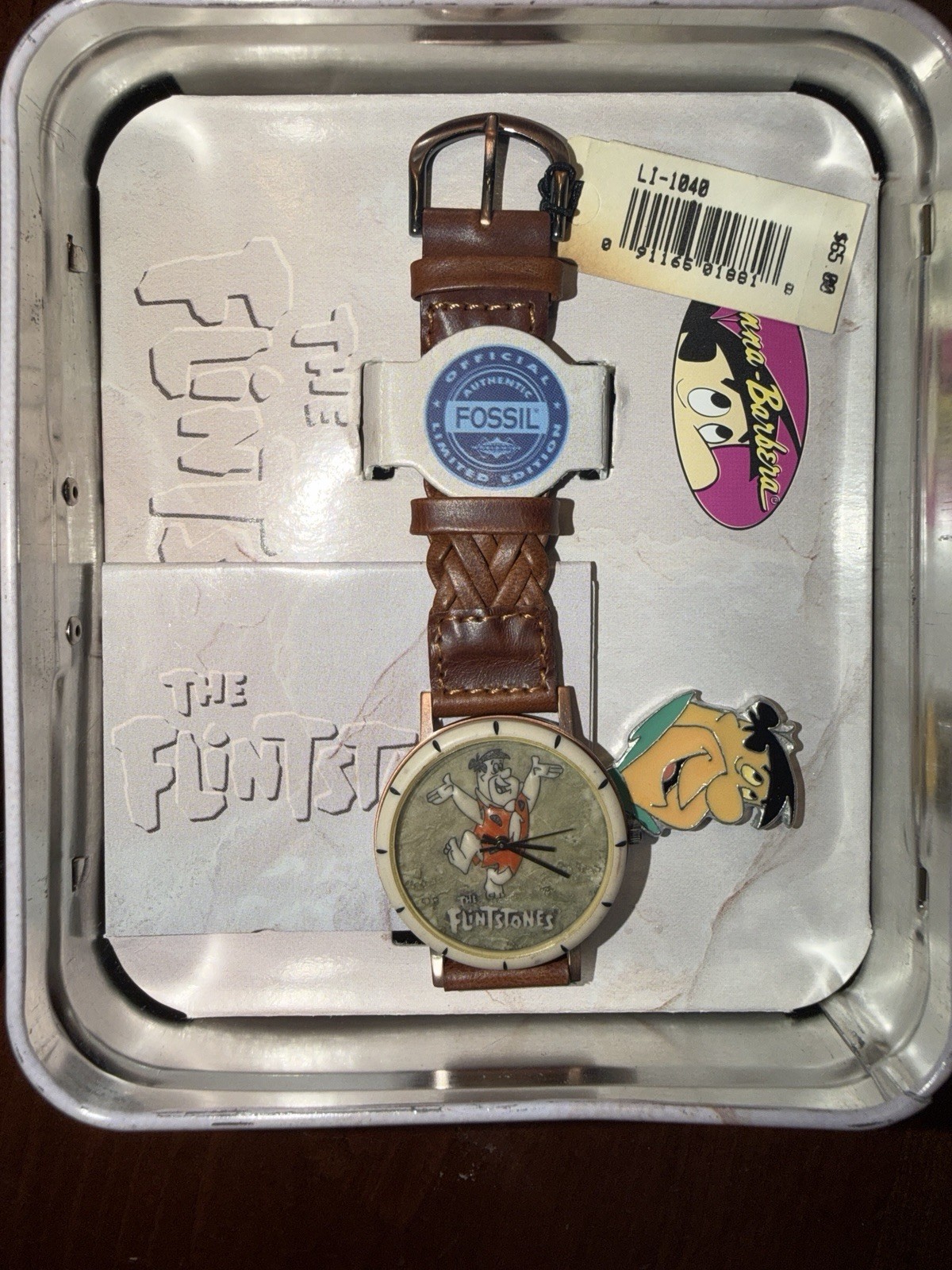 Vintage Fossil Fred Flintstone Watch Limited Edition Braided Strap W/Tin Case