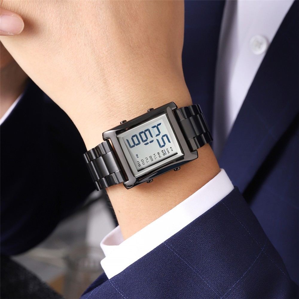SKMEI Men Watch Rectangle Digital Wristwatch Steel Countdown Stopwatch Boy Watch