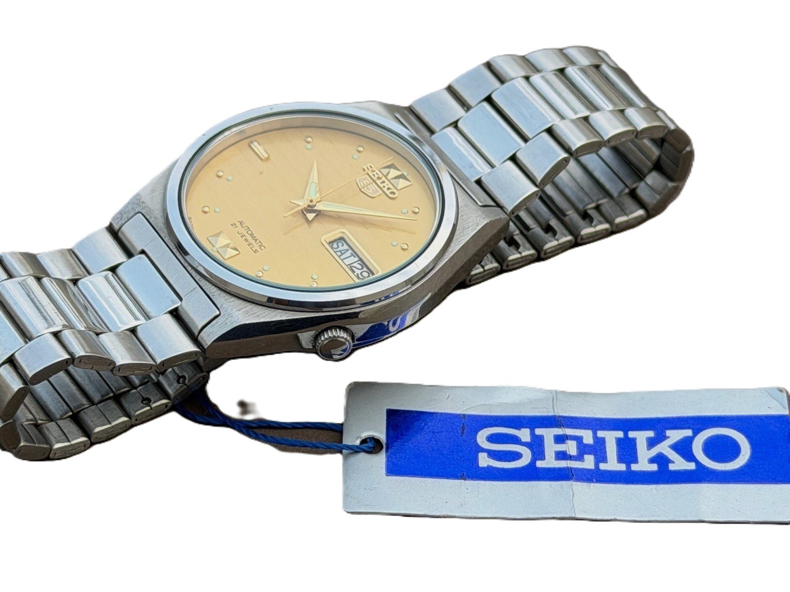 Seiko 5 Automatic Gold Dial Lume Dots Day Date Men’s Vintage Watch S-140