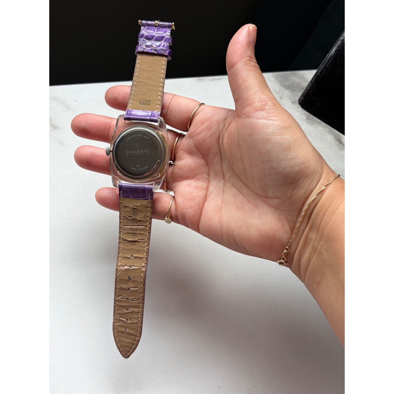 Joan Rivers Classics Purple Dial Crystal Bezel Acrylic Case Leather Watch