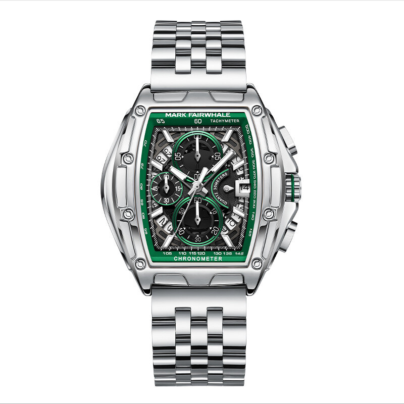 MARK FAIRWHALE Tonneau Multifunction Chronograph Calendar Luminous Quartz Watch