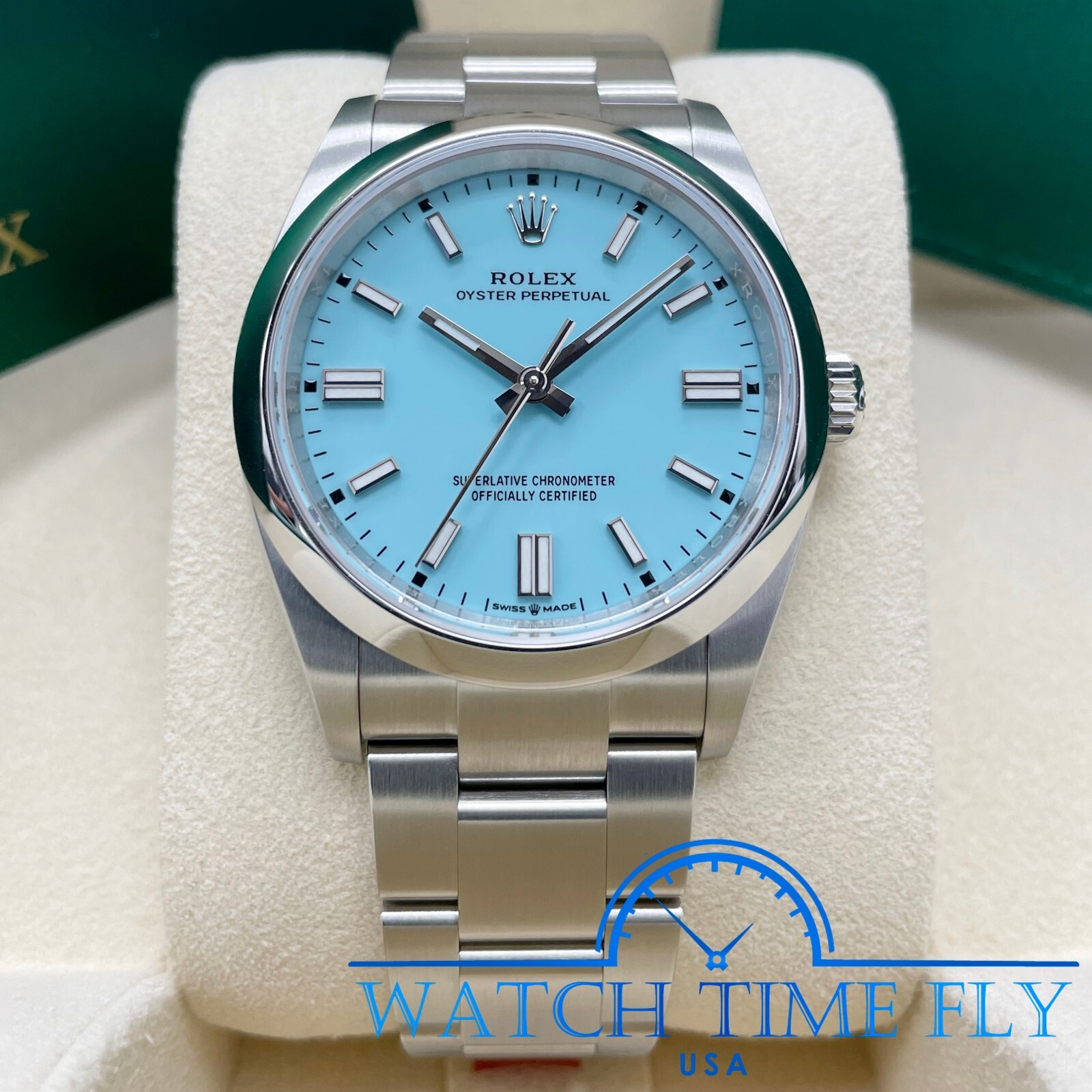 Rolex Oyster Perpetual 126000 36mm Domed Bezel Turquoise Blue Dial