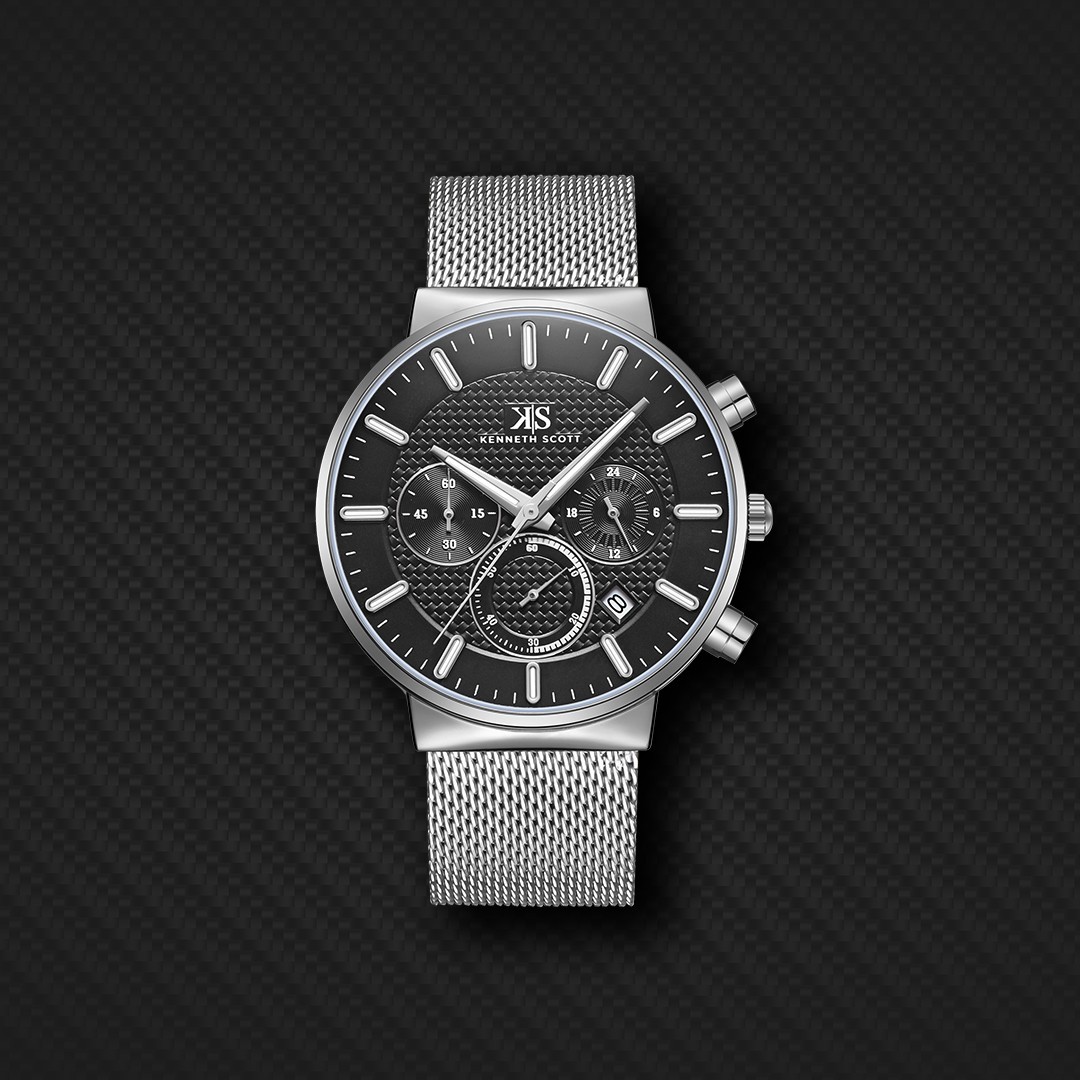 Kenneth Scott Men’s Multi-Function Casual Watch | Black Dial, Silver Mesh Strap