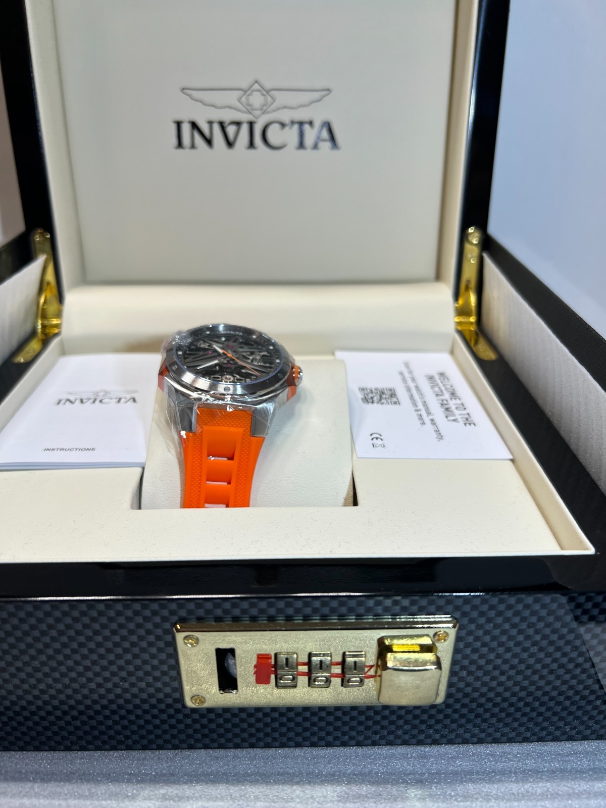 Invicta Celestial Adamastre Skeleton Auto Orange Sil Band Carbon Box (16954)