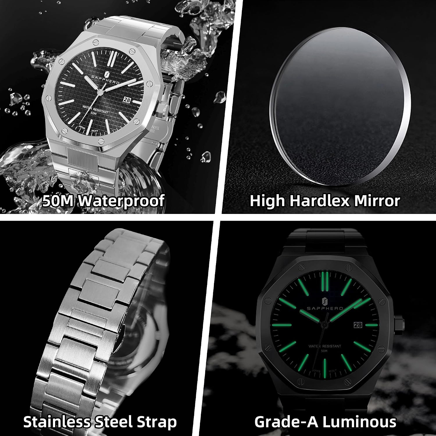 Men’s Octagonal Quartz Watch Stainless Steel 50M Waterproof Luminous Date