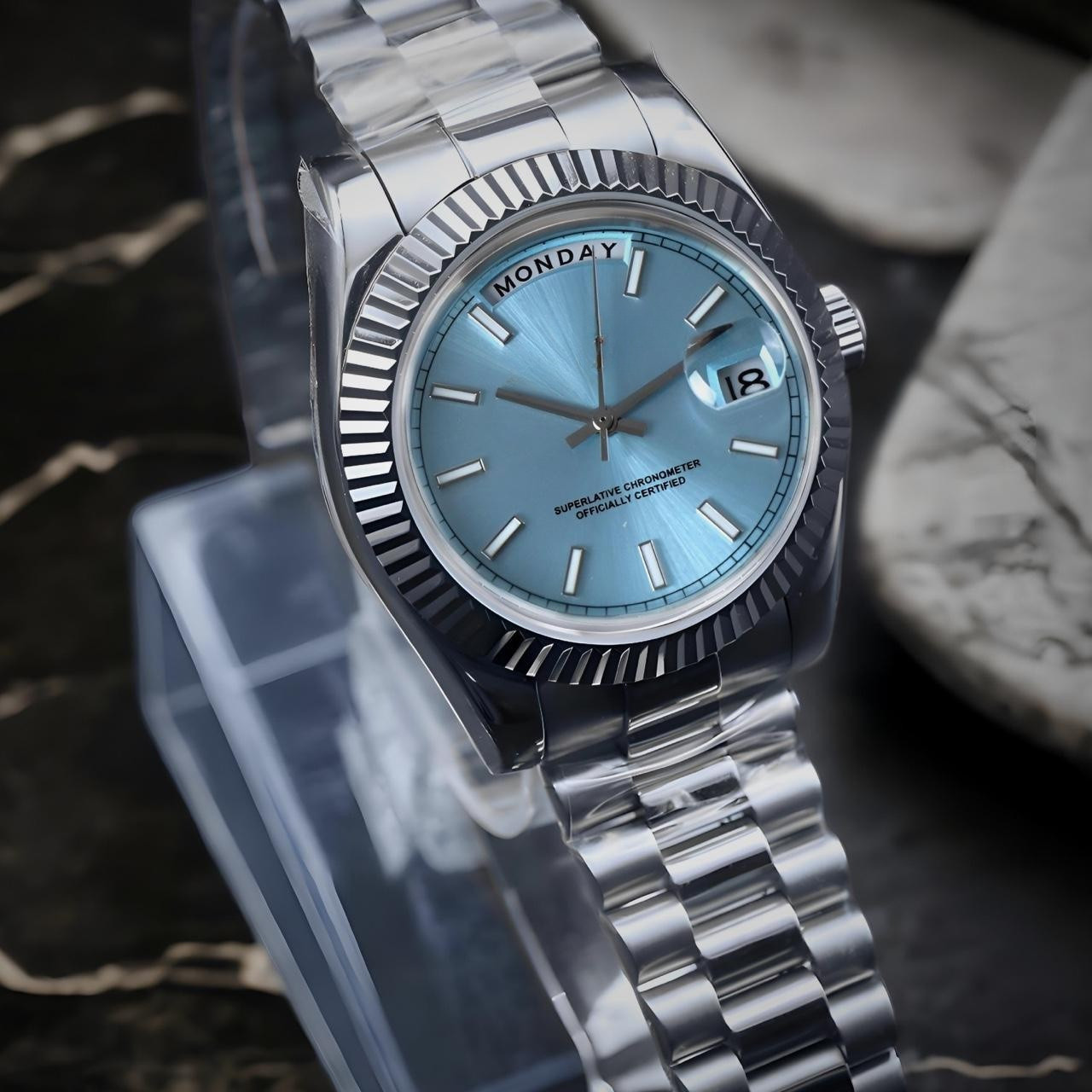 Custom Built – Ice Blue Day-Date Style NH35 Japanese Movement Fluted Watch
