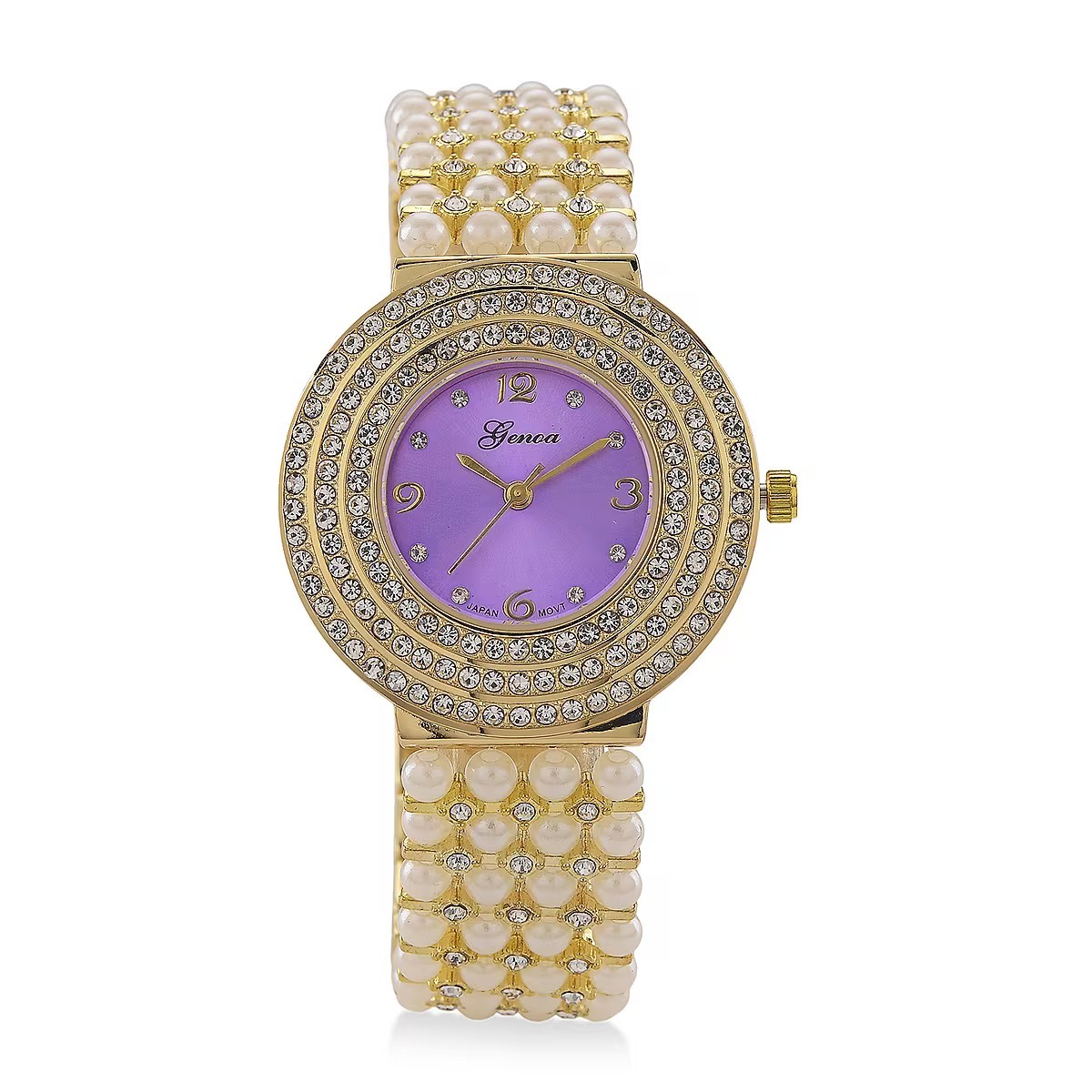 Genoa Faux Pearl Bracelet Watch with Japanese Movement in Goldtone 7.5 inches