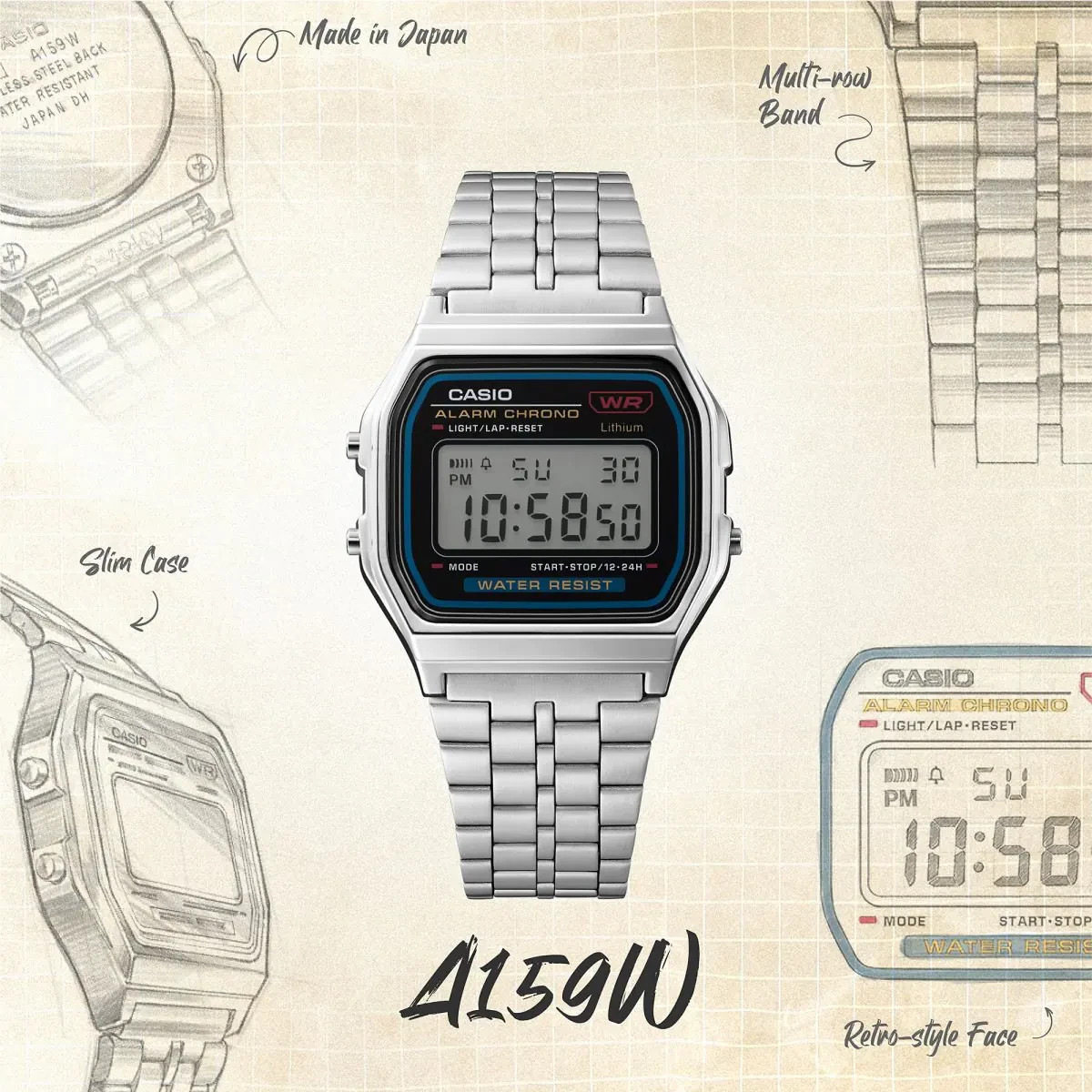 Casio A159W -Digital Watch Stainless Steel Classic Retro Unisex NEW Alarm Chrono