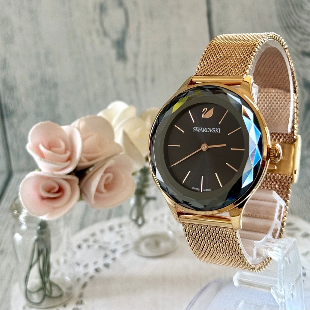 Swarovski Octea Nova Watch Black Gold 36mm 17cm 6.69in Quartz Working Cleaned