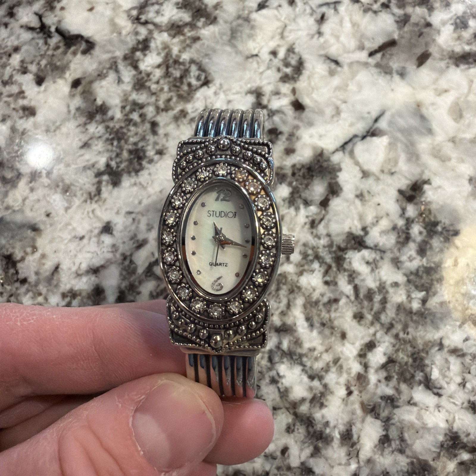 Studio Quartz Ladies Watch Silver Toned With Rhinstones. Mother of Pearl Works!