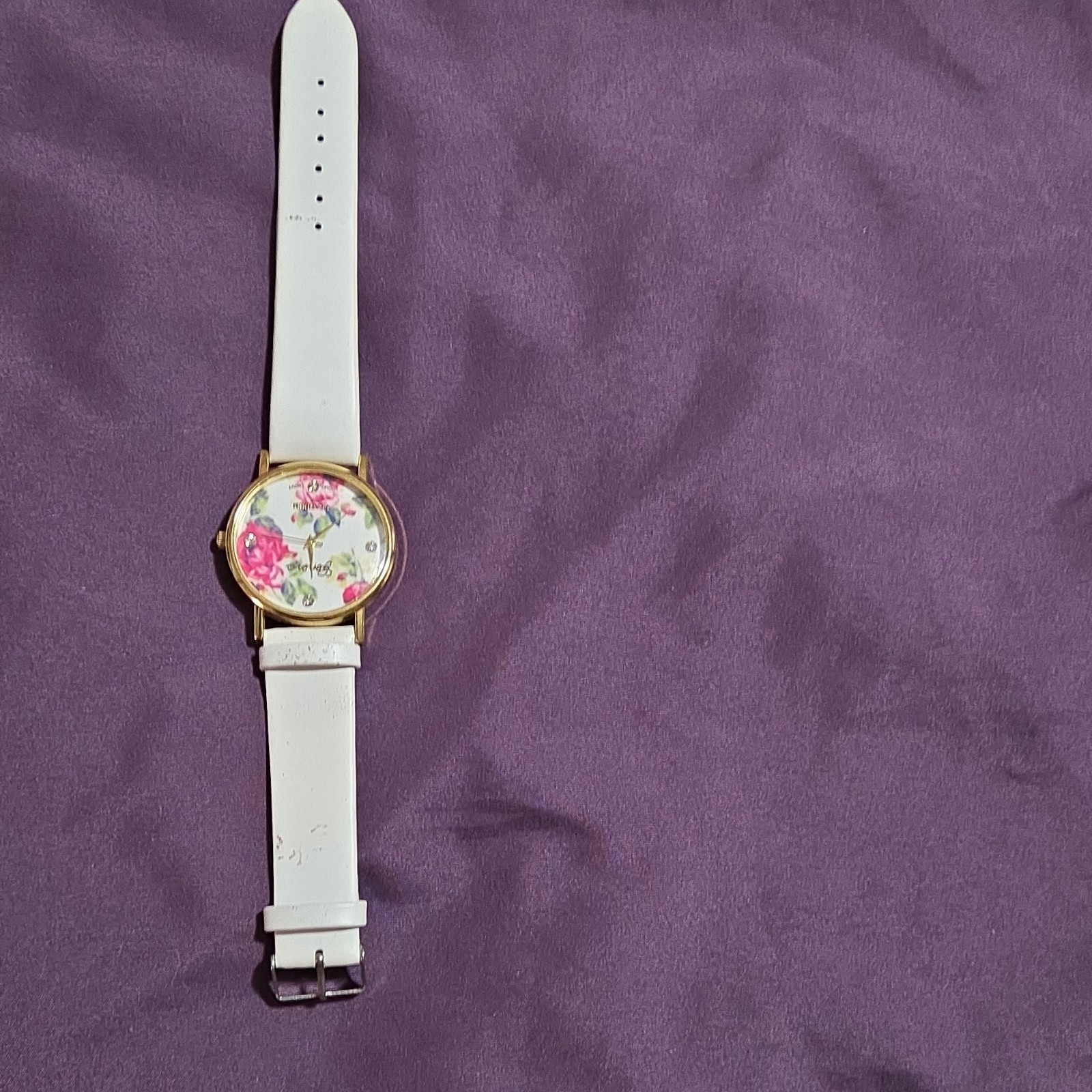 Women’s Floral Analog Wristwatch Gemstone Markers White Faux Leather Band Gold …