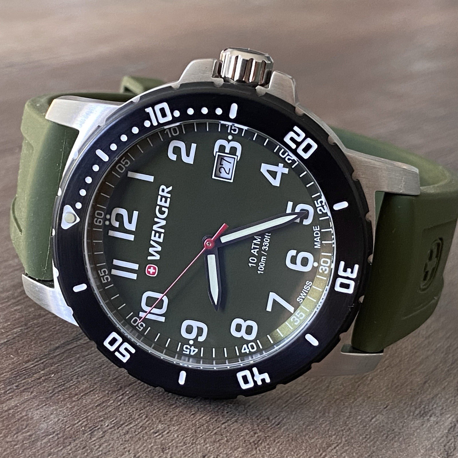 Wenger Off Road Men’s 43mm Swiss Watch Black PVD Bezel Green Dial Silicone Strap