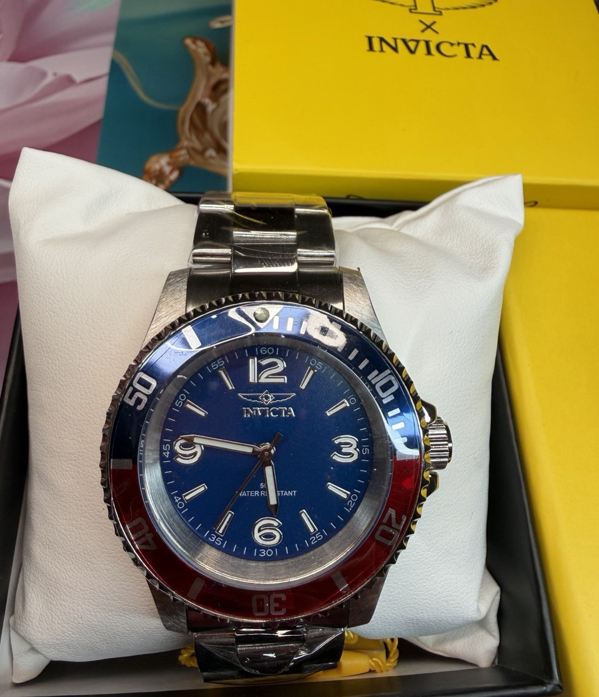Invicta Men’s Diver Quartz Blue Dial Red/Blue Bezel Steel Bracelet w/ Box