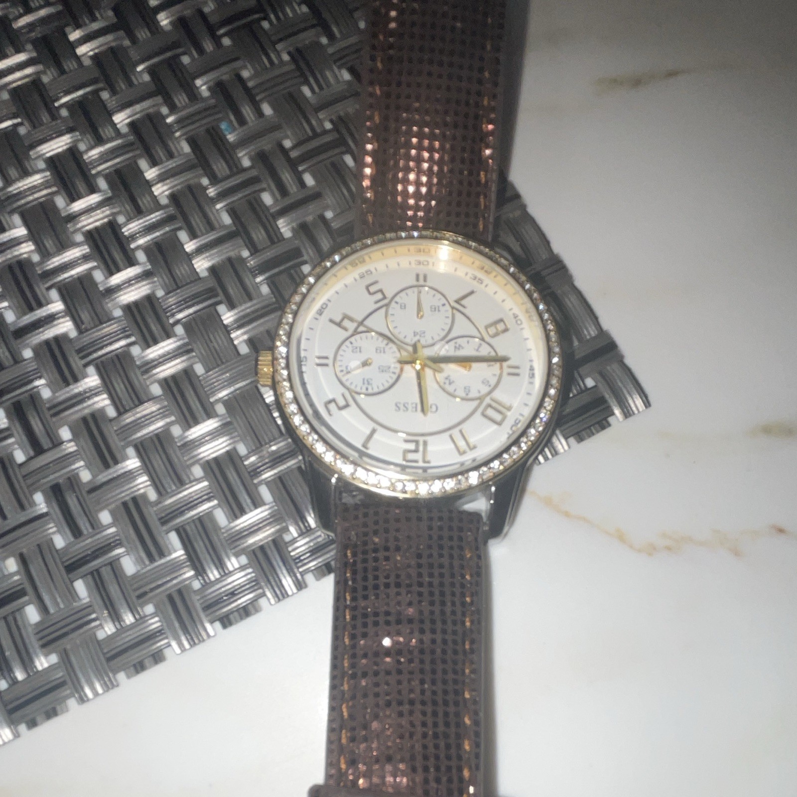 GUESS Women’s Dress Quartz Analog Chronograph White Dial Brown Leather Strap