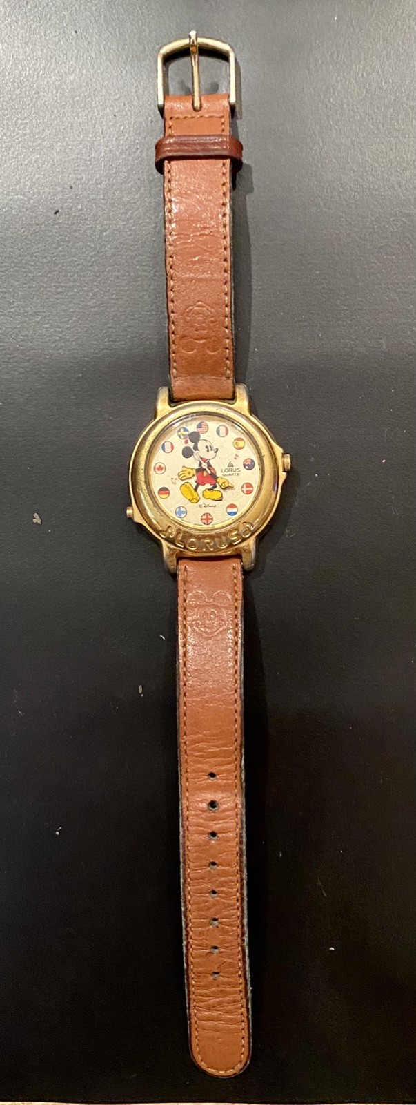 Lorus Mickey Mouse V421-0020 World Flags Watch Leather Band – Needs Battery
