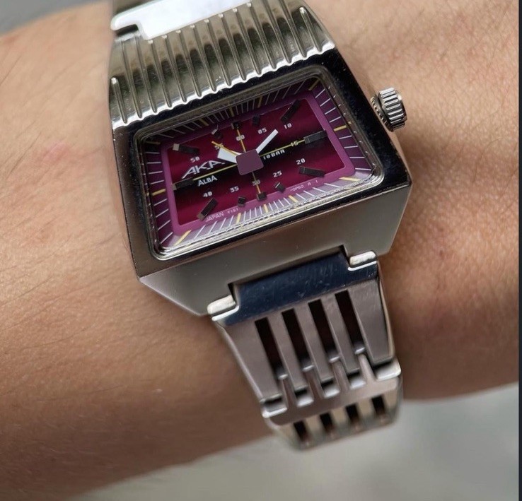 Alba AKA Quartz Rectangle Watch Purple Dial Silver Stainless Bracelet 100m