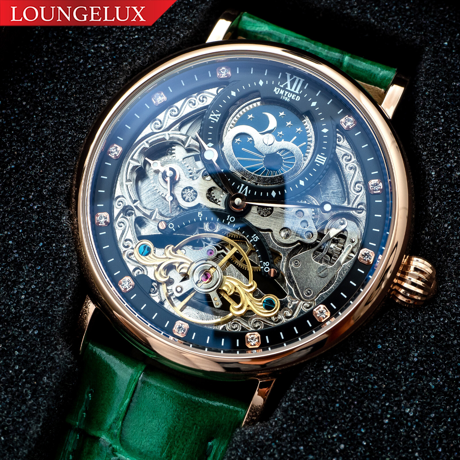 Mens Dual Time Automatic Mechanical Skeleton Watch Rose Gold Green Leather