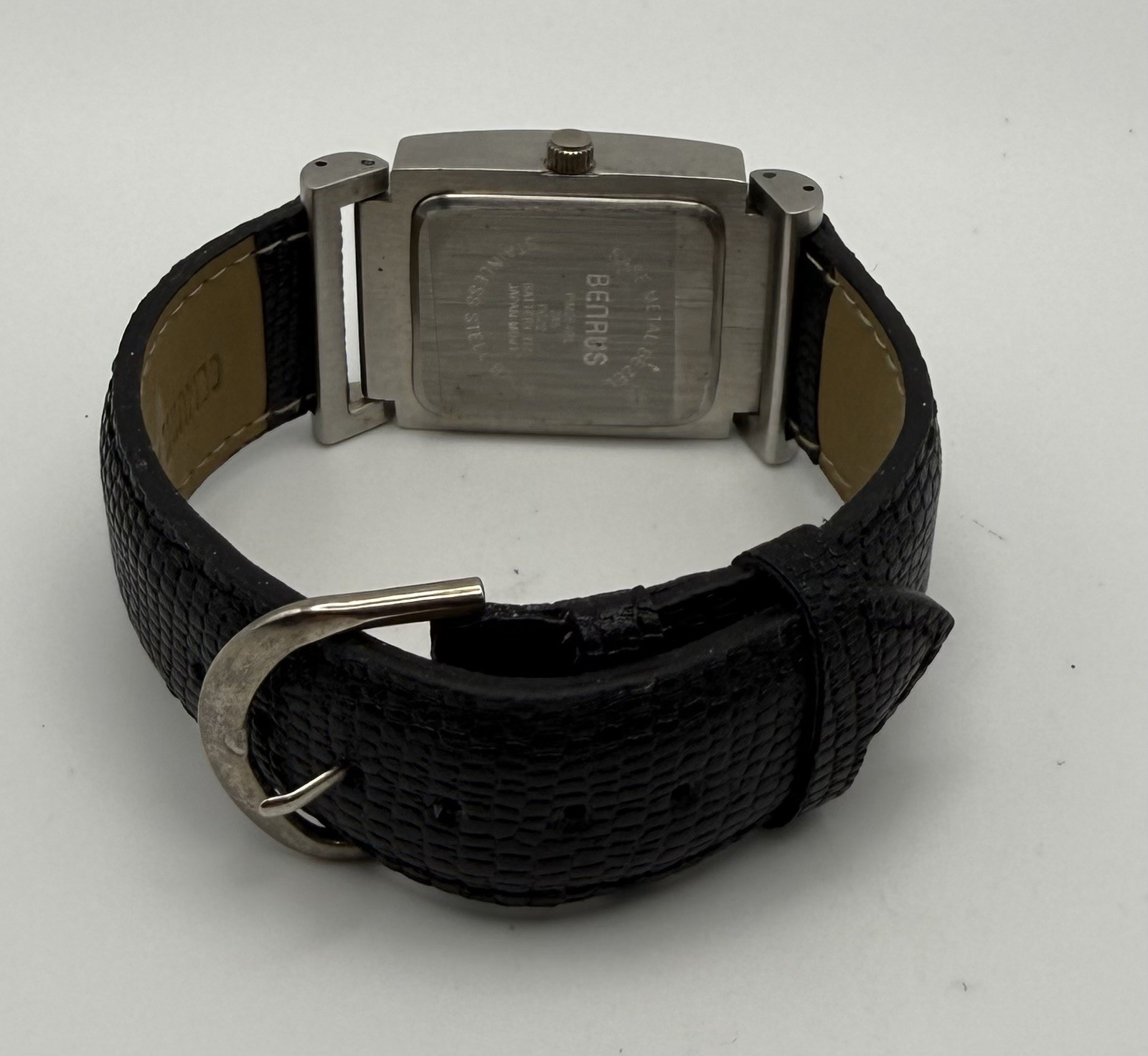 Benrus Quartz Vintage Rectangle Silver Dial Date Black Leather Strap Watch