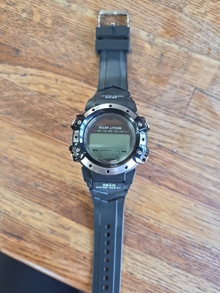 New Men’s Sport Watch 5 Bar Solar Lithium WR 50M Digital Black Water Resistant
