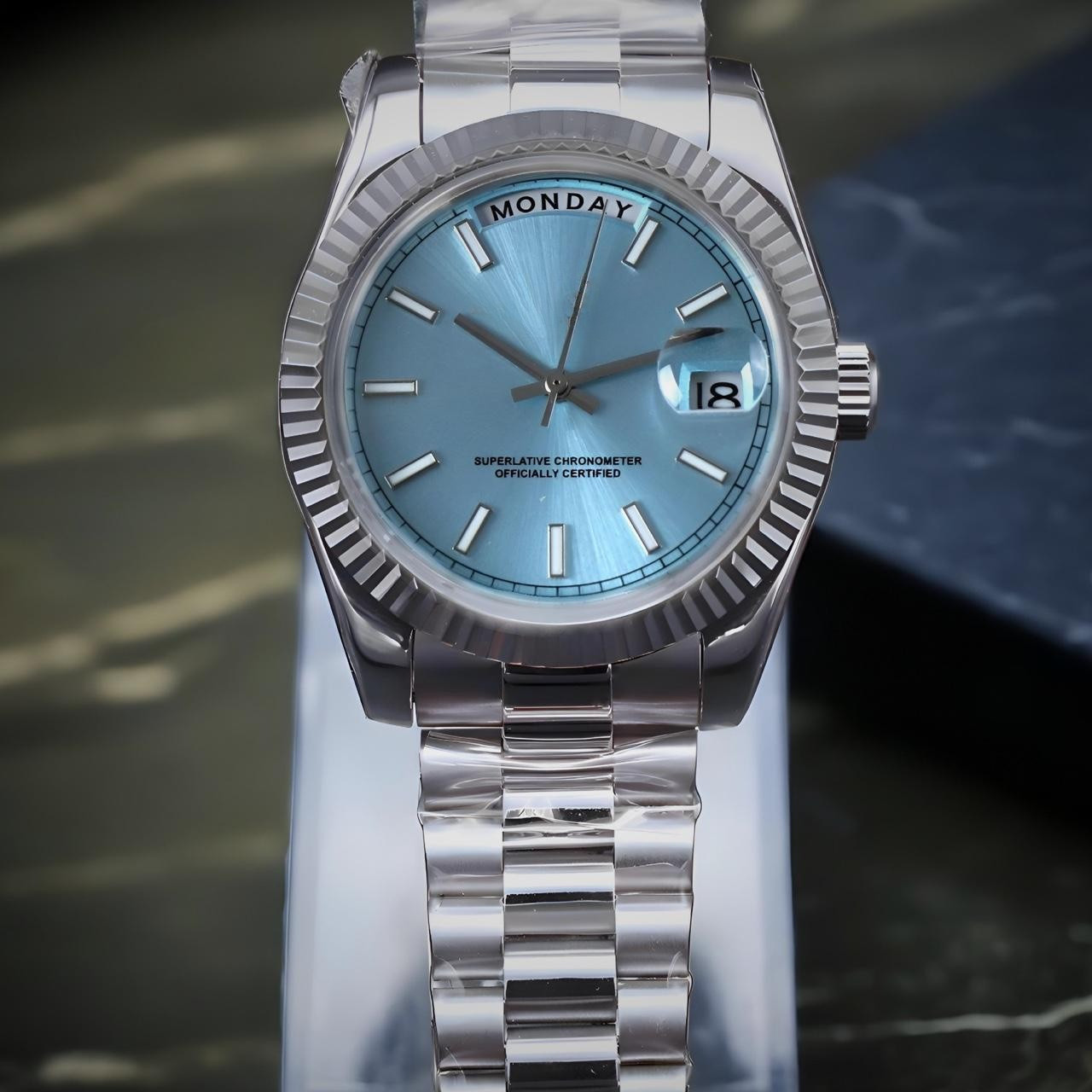 Custom Built – Ice Blue Day-Date Style NH35 Japanese Movement Fluted Watch