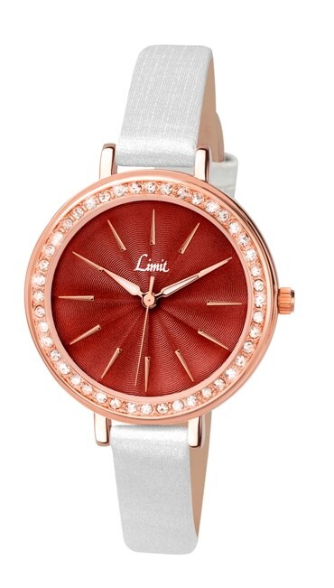 Ladies Limit Watch, Burgundy Dial, Lt Grey Strap, Stone Set Bezel, New, 6083.