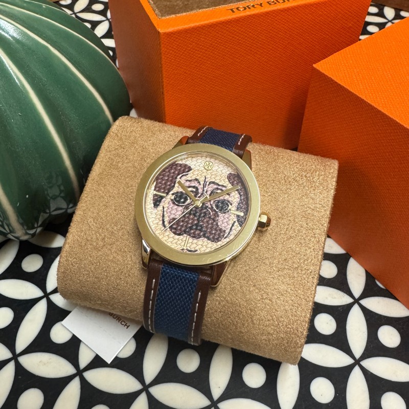 NEW TORY BURCH Gigi Pug Blue Fabric & Brown Leather Strap Watch TBW2034