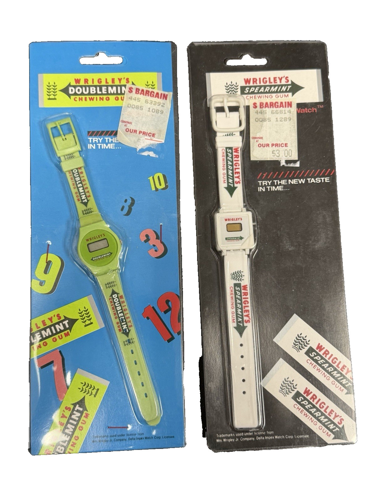 2x NOS Wrigley’s Novelty Adult Quartz Digital Wristwatch: Spearmint + Doublemint