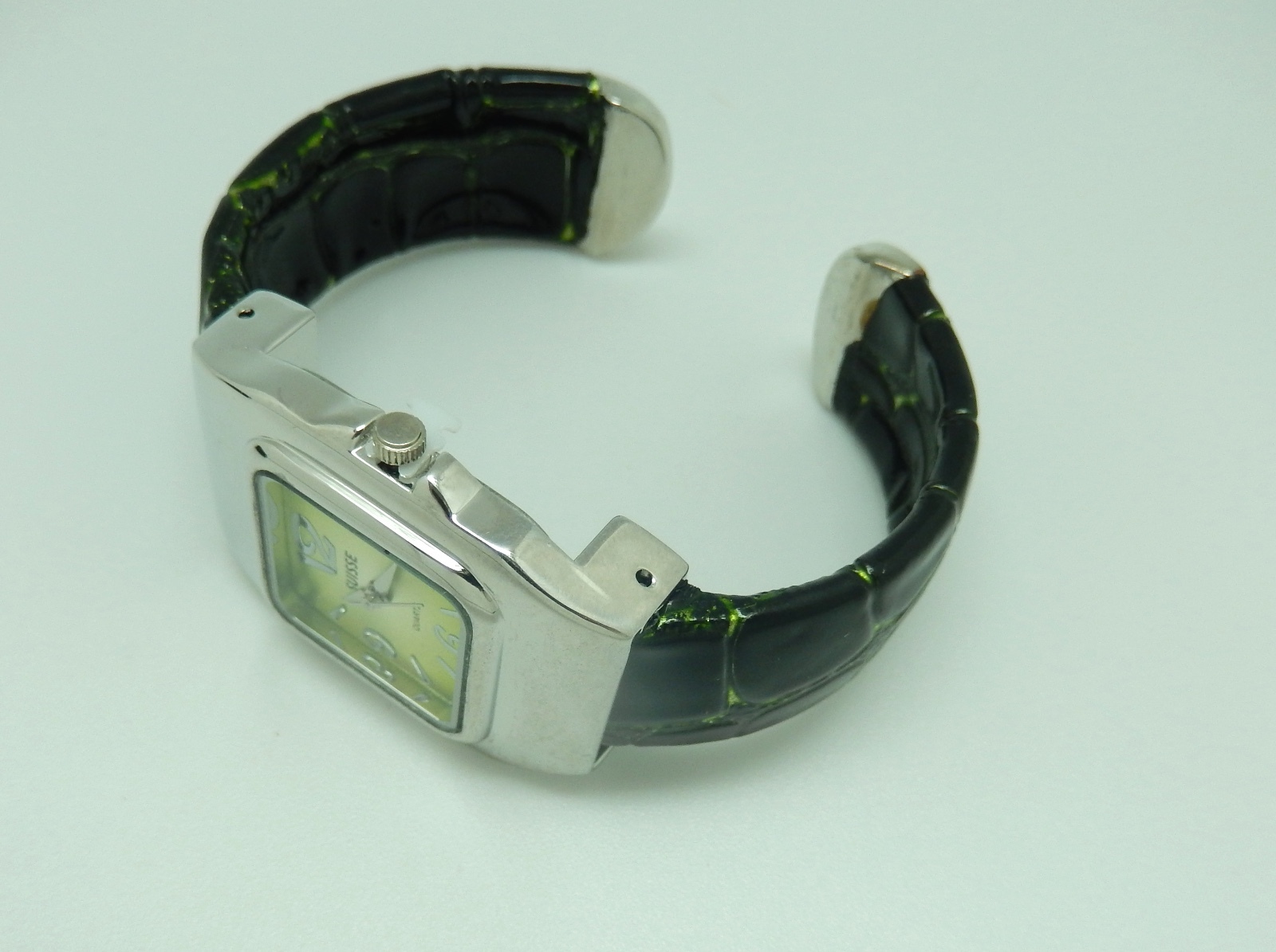 Watch Womans Cuff- green square face–dark green faux leather band-matching bag
