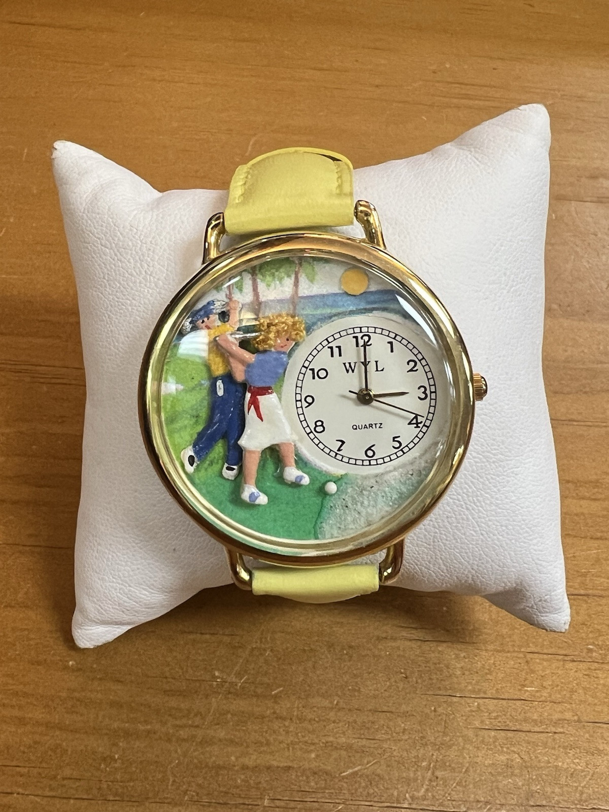 WYL Boy & Girl Golfing Scene Watch Gold Tone Yellow Band Vintage Works Used Golf