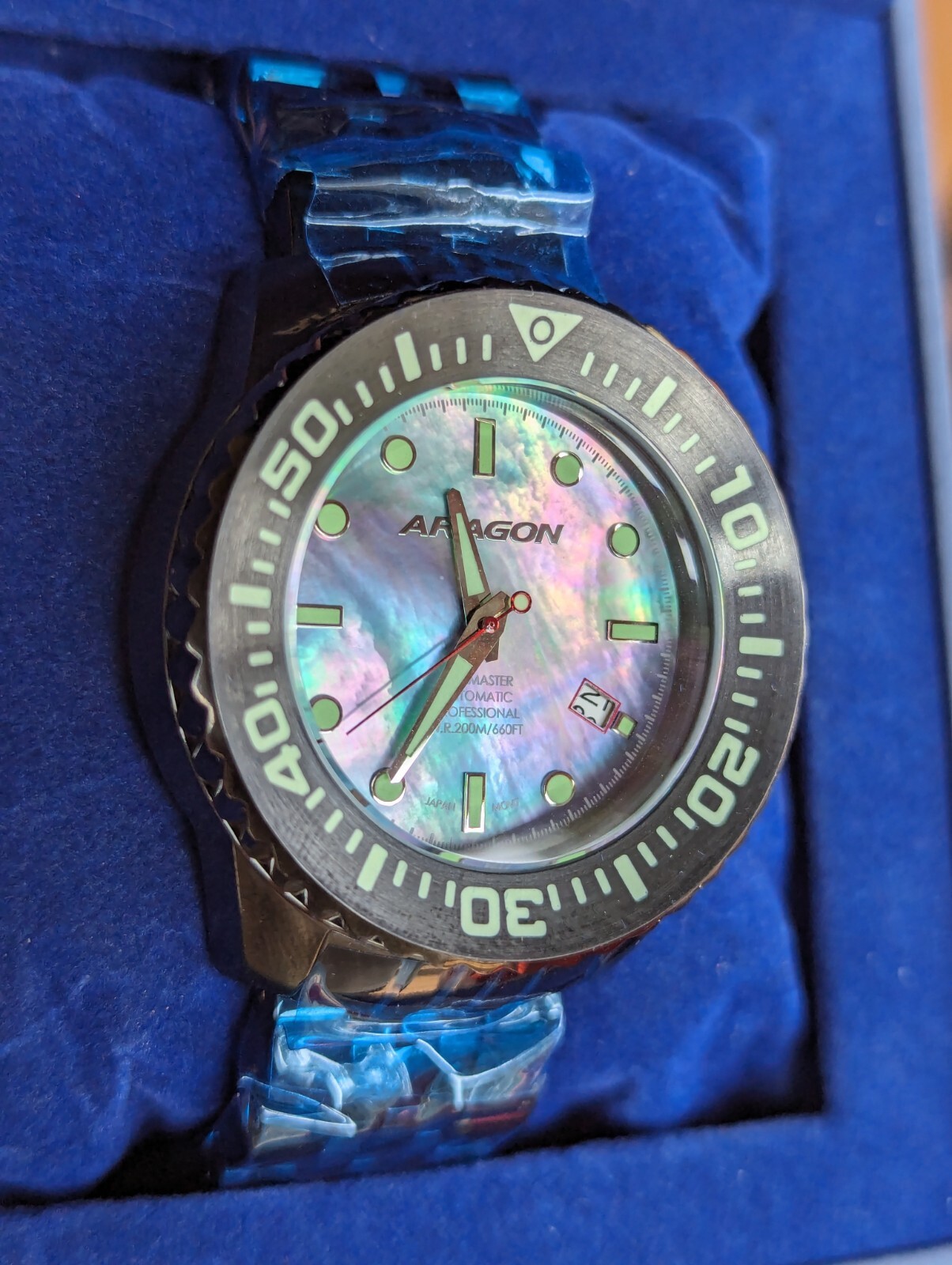 ARAGON DIVEMASTER EVO IP Black 45mm Automatic Platinum MOP NH35 24 Jewels