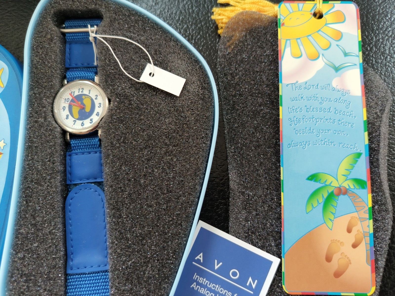 Avon Footprints For Children Blue Analog Wristwatch, Fabric Strap, Box & Manual