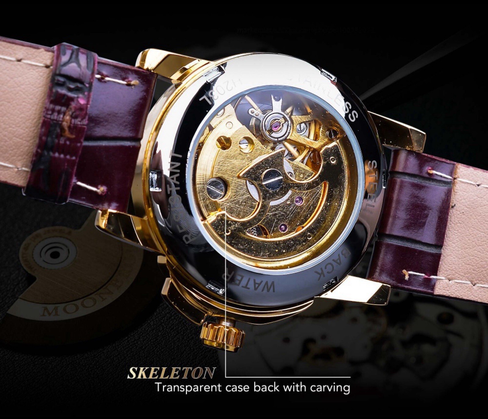 Womens Automatic Transparent Skeleton Luxury Leather Band Ladies Watch Gift Idea