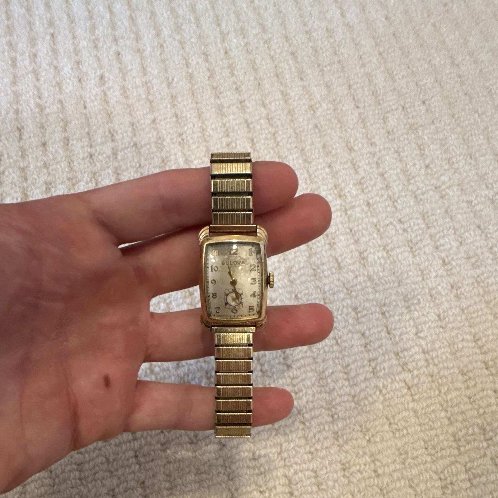 Bulova Vintage Rectangle Manual Wind Watch. Small Sec Gold. RUNS WELL