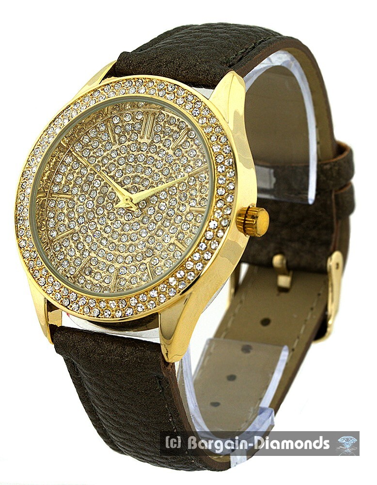 Mens 40 mm Gold-CZ Dial/Bezel Clubbing Watch Brown Leatherette 7″-8.5″ Wrists