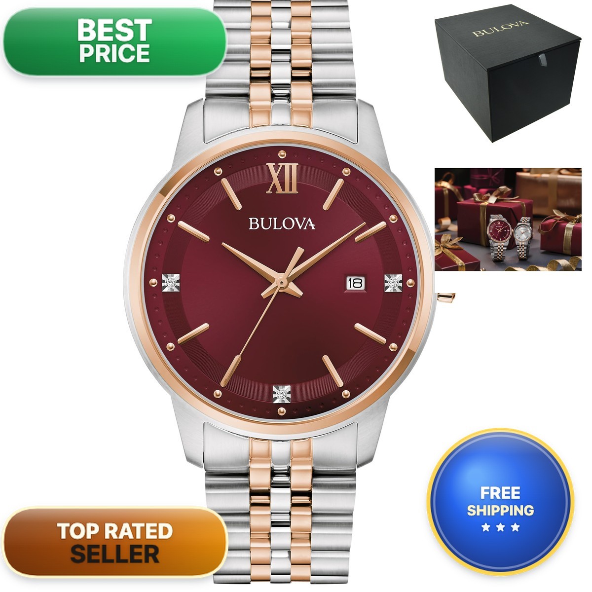 Bulova Mens Dress Classic Diamond Watch 3-Hand Date Quartz Watch Stainless