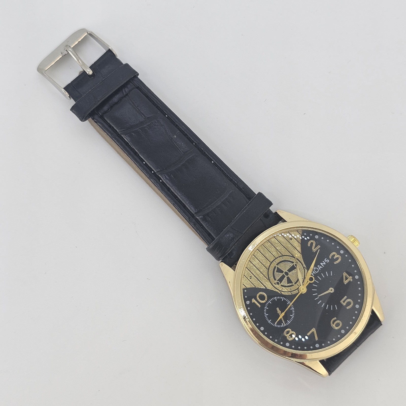 Men’s Analog Watch 38MM Black Dial Black Faux Leather Bands New Battery