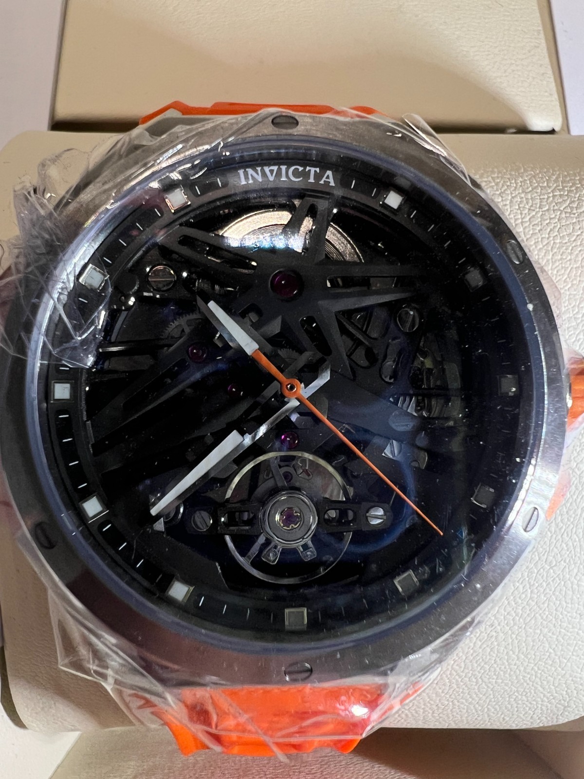 Invicta Celestial Adamastre Skeleton Auto Orange Sil Band Carbon Box (16954)