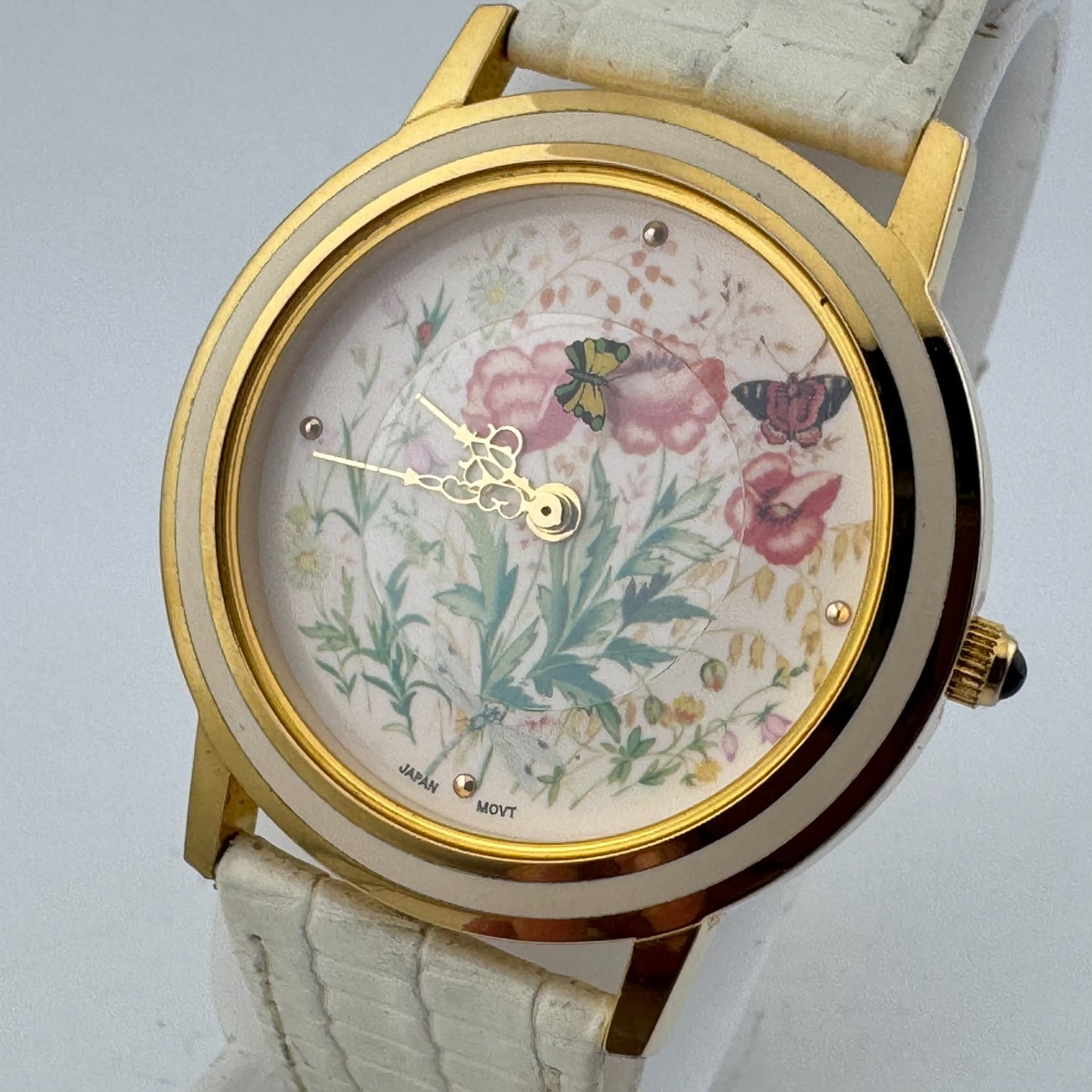 VTG N.I.I. Quartz Watch Unisex Gold Tone Garden Theme Leather Analog New Battery