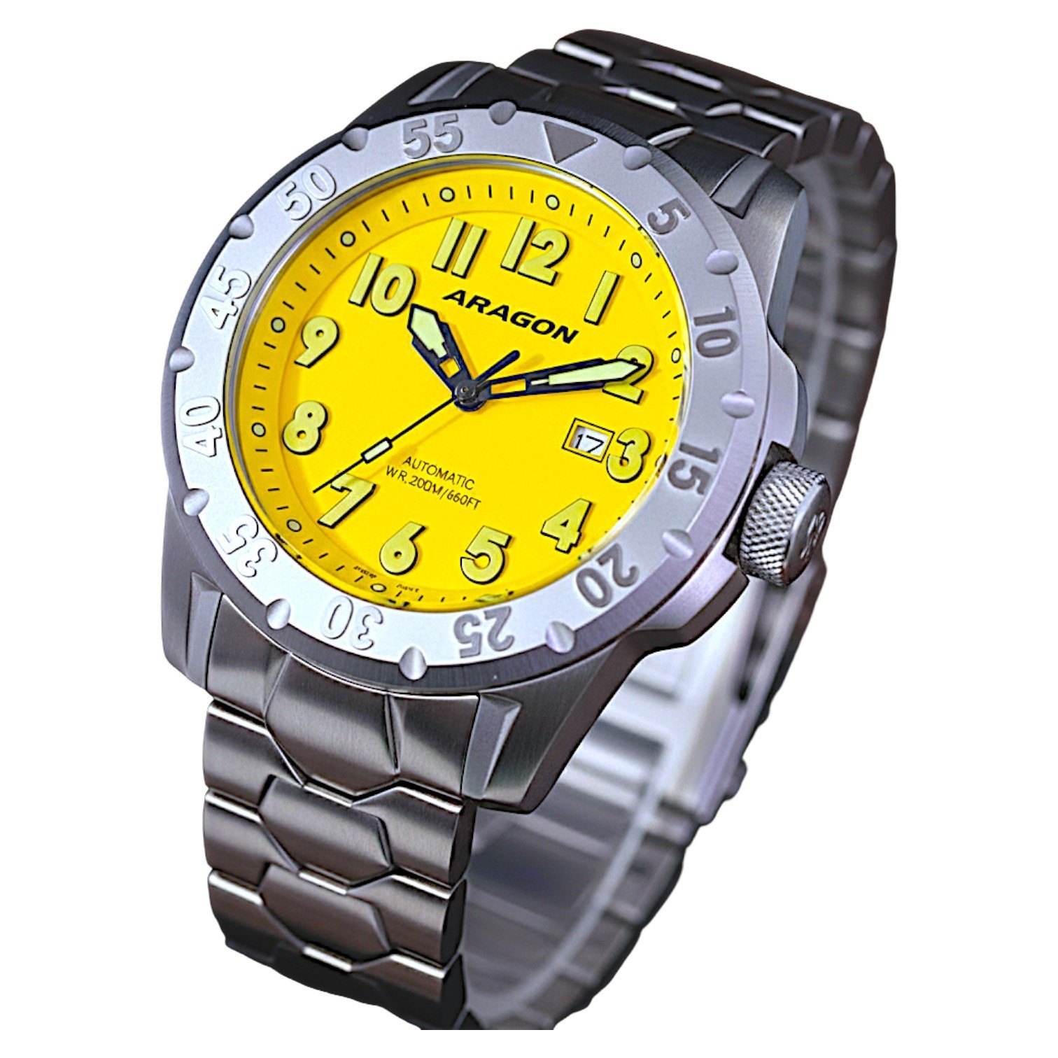 Aragon A534 Yellow Dial Armour Automatic 50mm Men’s Diver Watch Waterproof NEW