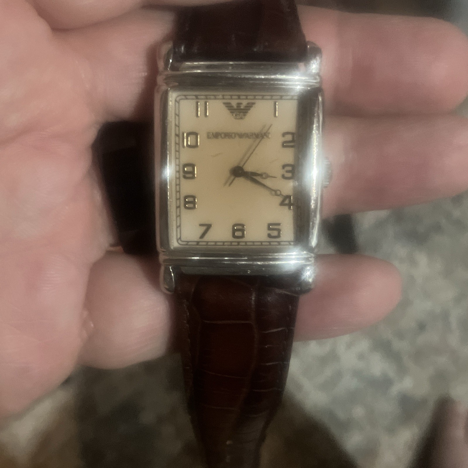 Emporio Armani Rectangular Quartz Analog Beige Dial Brown Leather Strap
