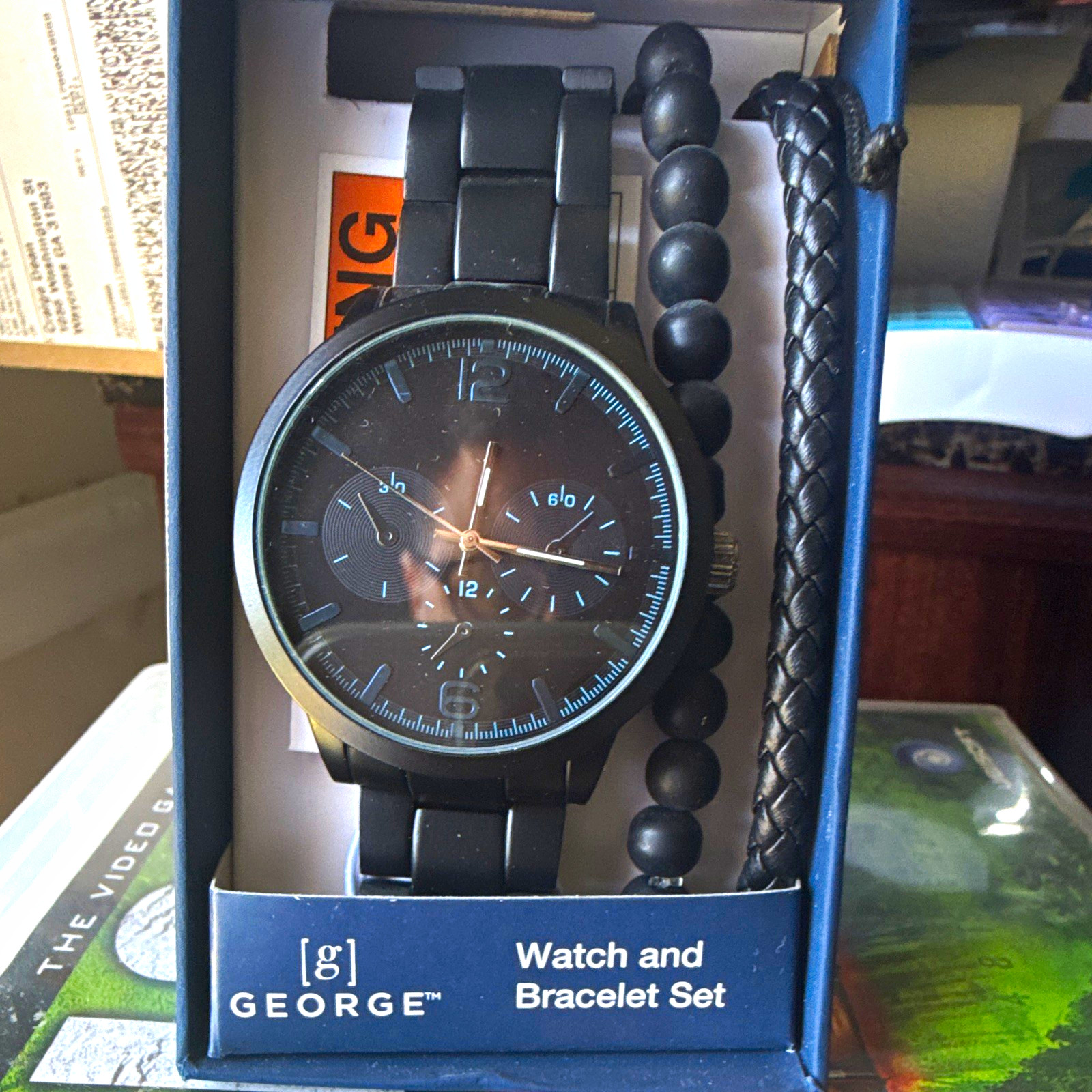 George Men’s Analog Quartz Watch Black metal Band with matching wrist bands