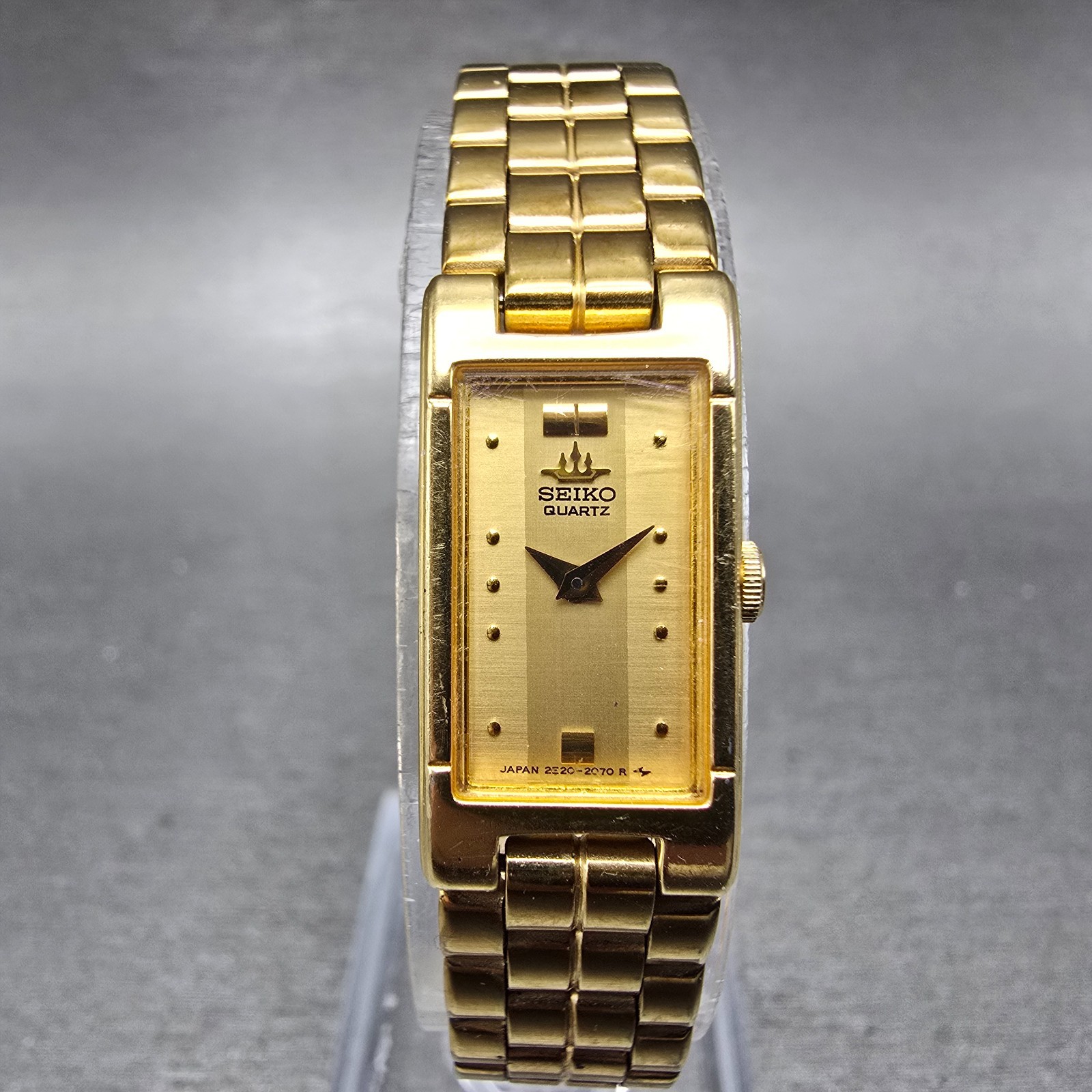 Seiko Tank Watch Women 13mm Champagne Dial Gold Tone 2E20-6590 New Battery VTG J