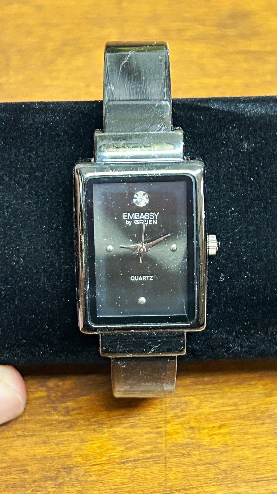 Gruen Embassy Women’s Quartz Rectangle Black Dial Silver Tone Bangle Watch