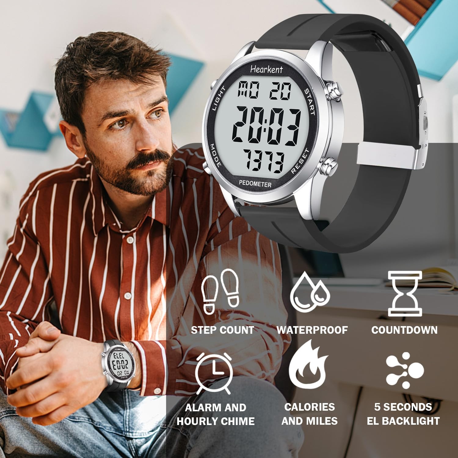 Pedometer Watch for Seniors: No App, Steps, Calories. 30M Waterproof.