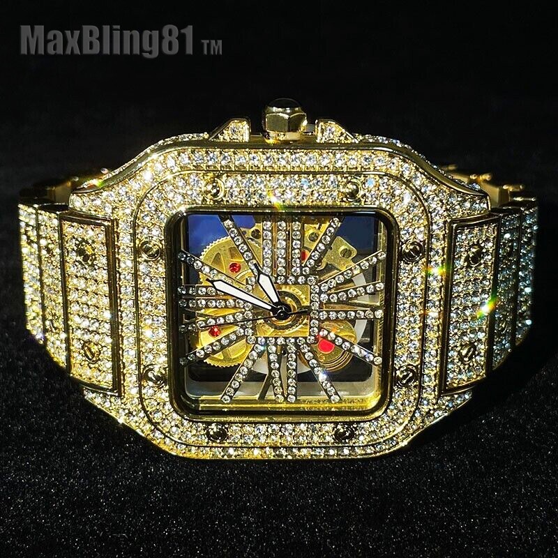 MEN’S LUXURY WATCH FULLY ICED BAND SKELECTON DIAL SIMULATED DIAMOND SQUARE BLING