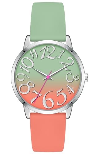 37MM Women Watch Patchwork Silicone Watch Big Face Easy to Read Blue/Coral